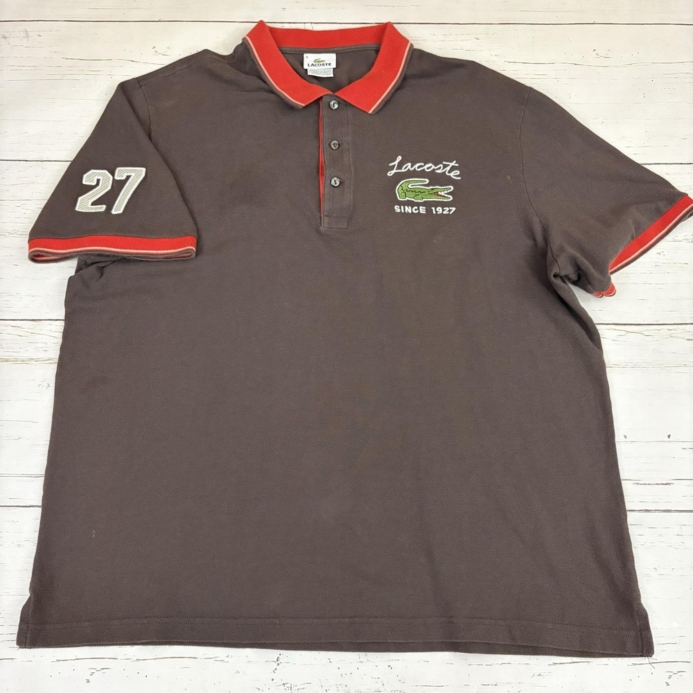 Lacoste Polo Shirt Mens 4XL Brown Red Trim 27 Sleeve Logo Short Sleeve Peru